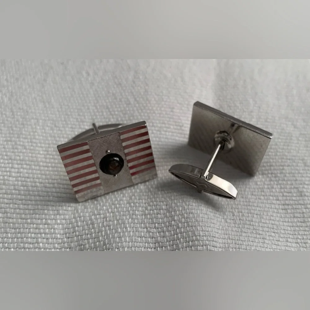 Vintage Silver-Tone Rectangular Cufflinks with Black Center Stone